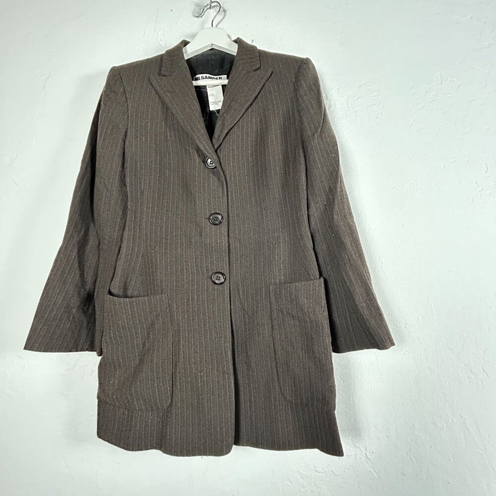Jil Sander Womens Wool Blend Pinstripe Blazer Coat Size 36 Brown Pockets Italy